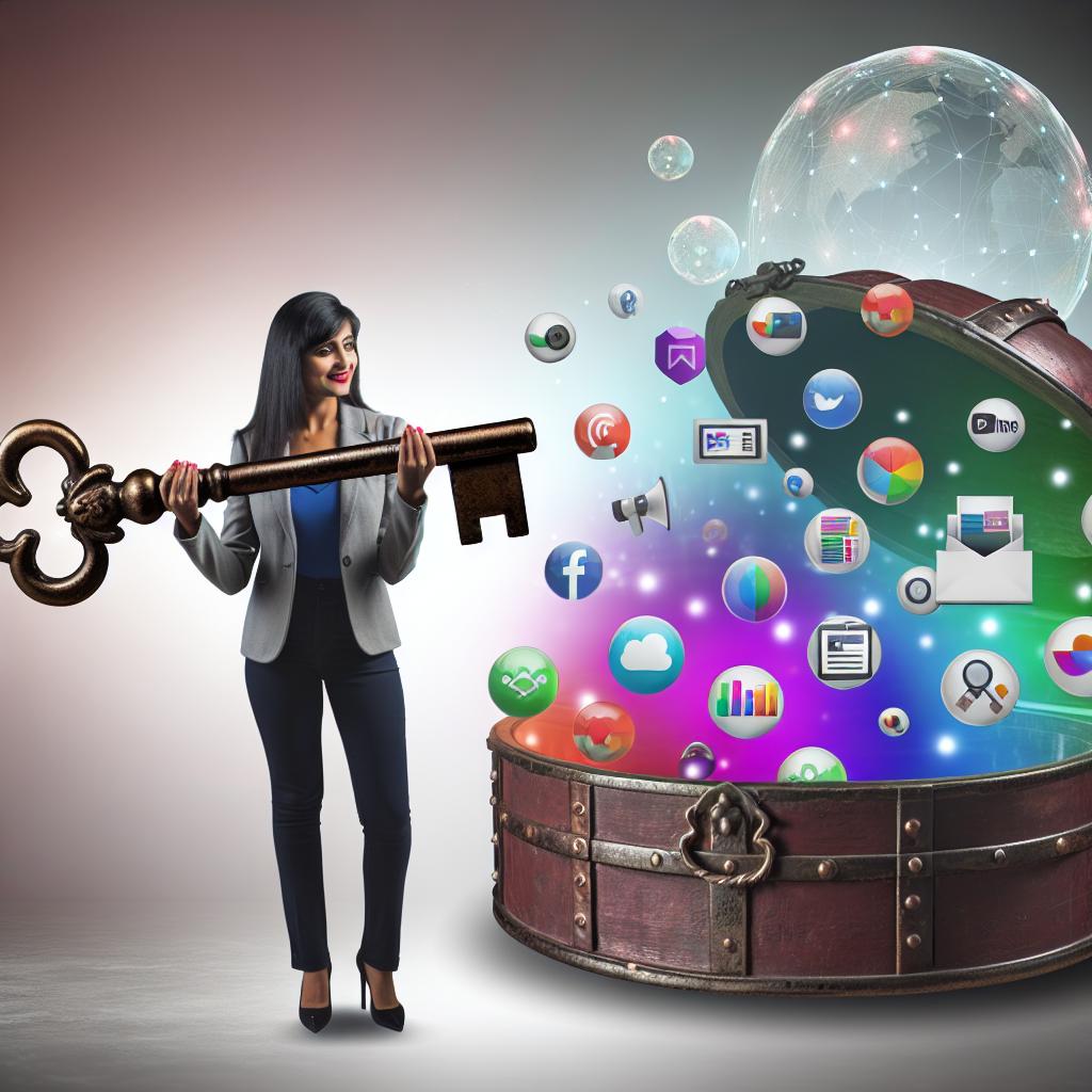 A person holding a key unlocking a treasure chest filled with various marketing tools and strategies, surrounded by data analytics and charts.